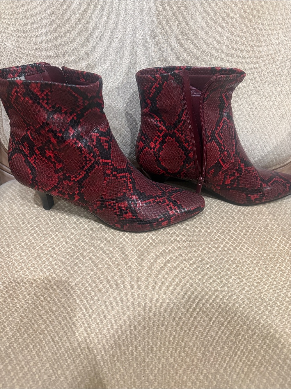 Red Snake-Print Ankle Boots with Low Heel - Women